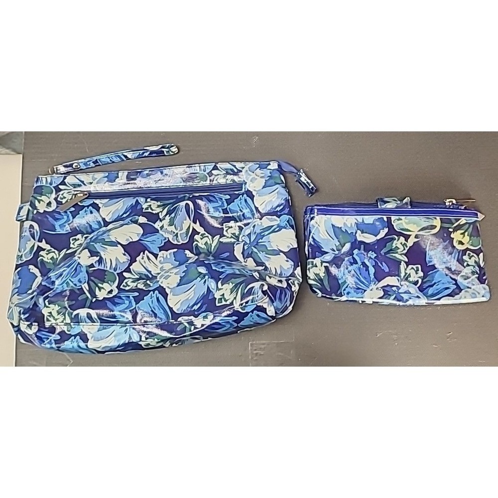 Isaac Mizrahi Cosmetic Bag Set‎ Women OS Blue Floral 2 Piece Travel Wristlet
